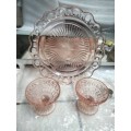 Pink lace cake Plate Glass Anchor Hocking cut outs edge +Note free 2 pink glass Cups have chips