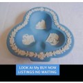 WEDGEWOOD Jasper dish Clover leaf*3 diff.Maiden GrVines white on blue*LOOK At My BUY NOW *NO WAITING