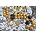 Necklace+Scarf+bracelet - beads black +Gold smaller*bracelet Acrylic br+Scarf holder gold tone metal