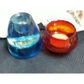 2 Glass 1 Red +1 Blue Tea Light Candle holders  LOOK At My BUY NOW ltems NO WAITING