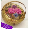 POWDER COMPACT KIGU Bouquet reverse Floral Lucite*Brass Repousse Engine turned patterns