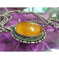 Necklace - AMBER Pendant CHAIN  Silver Tone metal balls LOOK At My BUY NOW LISTINGS NO WAITING