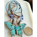Necklace signed Avon Blue Butterfly enameled Pendant Crystals back copper tone metal duo chain