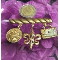 BROOCH Vintage French-Bar with 3 Charms on French 1Fleur de lys 1 medallion head on 1 hand bag
