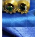 EARRINGS - clip on   Flower Gold Tone Emerald Green glass stones