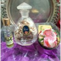 2 glass Perfume BOTTLES+ lids1has sea shells+ 1 Tin emptyLOOK At All My BUY NOW Listings NO WAITING