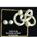 Brooch + Earrings - Pearls genuine Fresh Water Small CRYSTALS Crossover design Silver tone metal