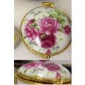 Pill box - Porcelain trinket/ring box hinged lid-pink ROSES decor