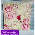 PAINTING Pink Flowers + Bird Acrylic  on canvas stretched over wood frame LOOK At My BUY NOW LISTING