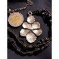 NECKLACE -Flower Silver Tone Metal small central stone Cord has black faceted beads LOOK At My BUY