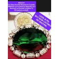 Brooch FACETED CUT-CRYSTAL EMERALD Green Glass STONE Surrounded by Baguette+Diamond glassRhinestone