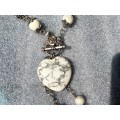 Necklace - Heart Marble Rose Toggle worn to front dangles spacers VTG style Silver Tone metal