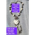 Necklace - Heart Marble Rose Toggle worn to front dangles spacers VTG style Silver Tone metal
