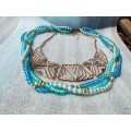 2 Necklaces - Bib Pearls Faux 3 Blues  strands small gold ball spacers+MODERN Deco style Choker