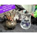 VASES -2 Posy Bud Glass 1 Smokey hand painted pink blossoms 1 clear swirl glass etched flowers LOOK
