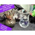 VASES -2 Posy Bud Glass 1 Smokey hand painted pink blossoms 1 clear swirl glass etched flowers LOOK