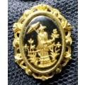 BROOCH - Basalt has gold Oriental Lady Garden Scene  Glass dome cover LOOK At My BUY NOW *NO WAITING