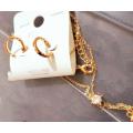 EARRINGS Huggie+ NECKLACE Chain+Clear faceted stone in gold Tone metal  -VTG Style Costume Jewellery
