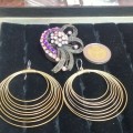 BROOCH Vintage Style Rhinestone pink+Purple Brown Setting+Earrings Wire loops Pierced ears