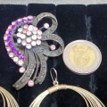 BROOCH Vintage Style Rhinestone pink+Purple Brown Setting+Earrings Wire loops Pierced ears