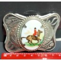 !!!RARE!!! Belt buckle*Nellio black work against silver-Silver tone metal Horse on rider in middle