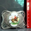 !!!RARE!!! Belt buckle*Nellio black work against silver-Silver tone metal Horse on rider in middle