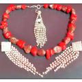 Necklace RedJasper Semi-Precious Gemstones*2Tone+Dangle crystal pendant+Mod. Earrings Crystal dangle