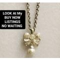 Necklace Bow PAVE crystals bigger middle crystal dangle pearl+Belcher Chain Stainless Steel chain