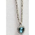 Necklace Heart faceted glass Safire+Clear crystals+Chain Silver tone LOOK At My BUY NOW* NO WAITING