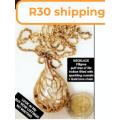 NECKLACE Filigree Puff Hollow tree of life full ofCrystals+Chain-Gold Tone LOOKat My BUY NOW*NO WAIT