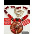 ITALIAN !!!Art Glass faceted Cut Glass Ruby+Red Beads NECKLACE +Enamel Pendant+silver tone Chain