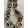 NECKLACE - lamp work Glass Beads Green flowers Silver tone metal spacerLOOK At My BUY NOW*NO WAITING