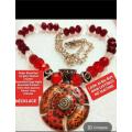 ITALIAN !!!Art Glass faceted Cut Glass Ruby+Red Beads NECKLACE +Enamel Pendant+silver tone Chain
