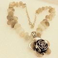 Necklace QUARTZ smokey+milky irregular Semi-Precious Gemstone Pendant Large Rose silver tone metal