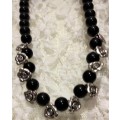Necklace Black  Glass beads +metal Roses silver tone metal +lobster clasp