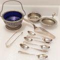 Dekrona EPNS Sugar Bowl*Tea Strainer+base*1 Cake lifterWMF 90-2*Art Decor Tongs+6TspoonsEPNS