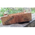 WOODEN CARRY CRATE, MARKED RIVER WOODS AND FRAGILE, GREAT DECOR PIECE