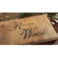 WOODEN CARRY CRATE, MARKED RIVER WOODS AND FRAGILE, GREAT DECOR PIECE