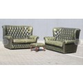 Collection Only - Antique Green Leather High Back Chesterfield Sofas and Ottoman