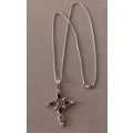 Sterling Silver Necklace with Amethyst, Peridot & CZ Large Cross Pendant. 16.05g
