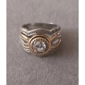 LATE ENTRY - American Swiss Chete Sterling Silver & CZ Ring with Gold Tone. 7.4g. Size O 1/2. Read.