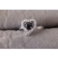 Sterling Silver Heart Shaped Ring with CZ & Black Stone. 2.3g. Size K 1/2.