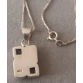 Sterling Silver Necklace with Mother of Pearl and Blue Crystal Pendant. 8.9g. 45cm.