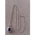 Sterling Silver Italy Necklace with Blue crystal & CZ Pendant. 4.6g. 50cm.