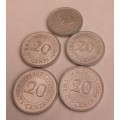 5x 20 Cents Mauritius 1987. Mint condition.