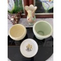 VINTAGE PORCELAIN PALE GREEN AND YELLOW VASES and ROYAL WORCESTER ENGLAND PORCELAIN PIN DISH