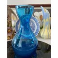MID-CENTURY BLUE GLASS STUDIO HANDBLOWN GLASS BULBOUS VASE