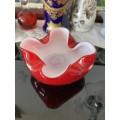 MID-CENTURY MURANO RED WHITE GLASS TRINKET BOWL