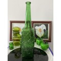 MID-CENTURY GREEN GLASS ITALY STAMPED LARGE TALL GRAPE EMBOSSED GENIE BOTTLE
