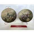 Two vintage tin plates beautifully painted with flowers (rust and dents)